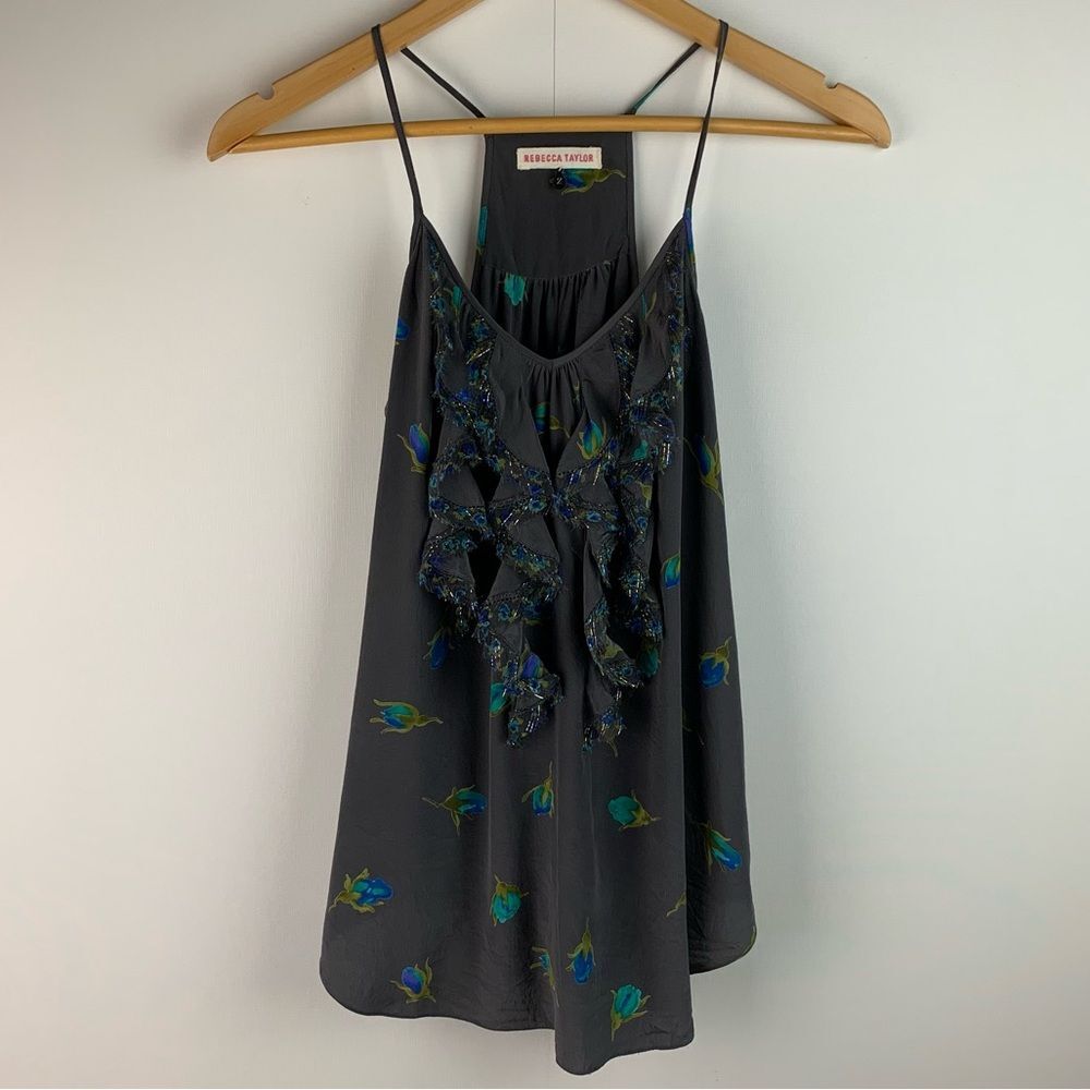 Rebecca Taylor women’s gray floral print tank top front ruffle 100% silk size 2